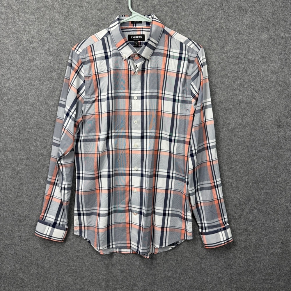Express Performance Extra Slim Fit Plaid Shirt Mens Medium Grey Orange Stretch